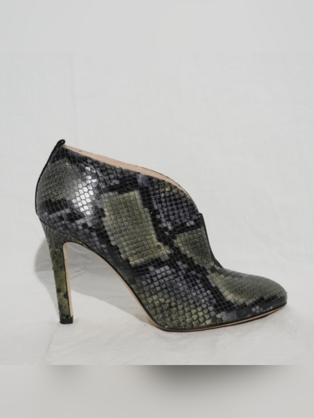 SJP Olive Green & Black Snakeskin Stiletto Heeled Bootie, Size 37½